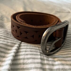 Brown Genuine Leather Belt with Silver Buckle Cutouts Size S (34” long)